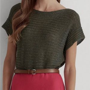 Lauren Ralph Lauren Linen Olive Green Knit Boat Neck Top Size SP